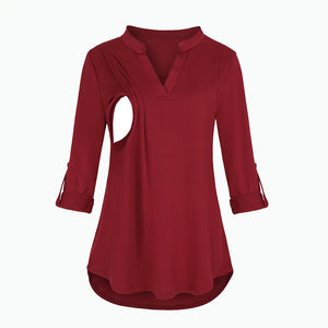 Women's Polyester V-Neck Long Sleeve Breastfeeding Maternity Top