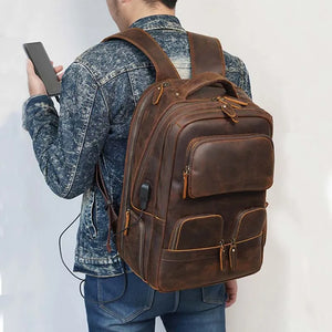 Men's Genuine Leather Zipper Closure Solid Pattern Backpack