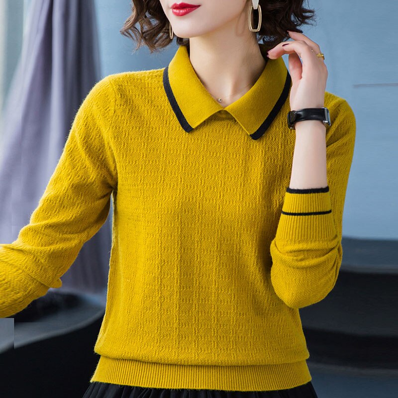 Women's Cotton Turn-Down Collar Full Sleeve Plain Pattern Sweater