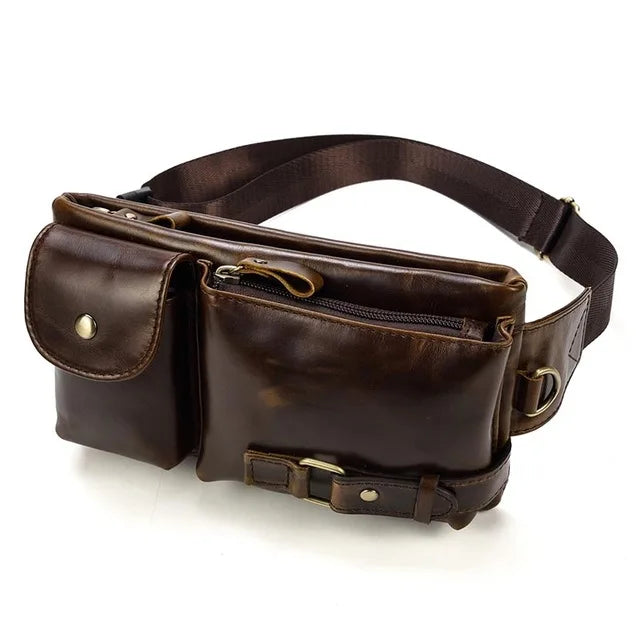 Men's Genuine Leather Solid Pattern Zipper Closure Waist Pack