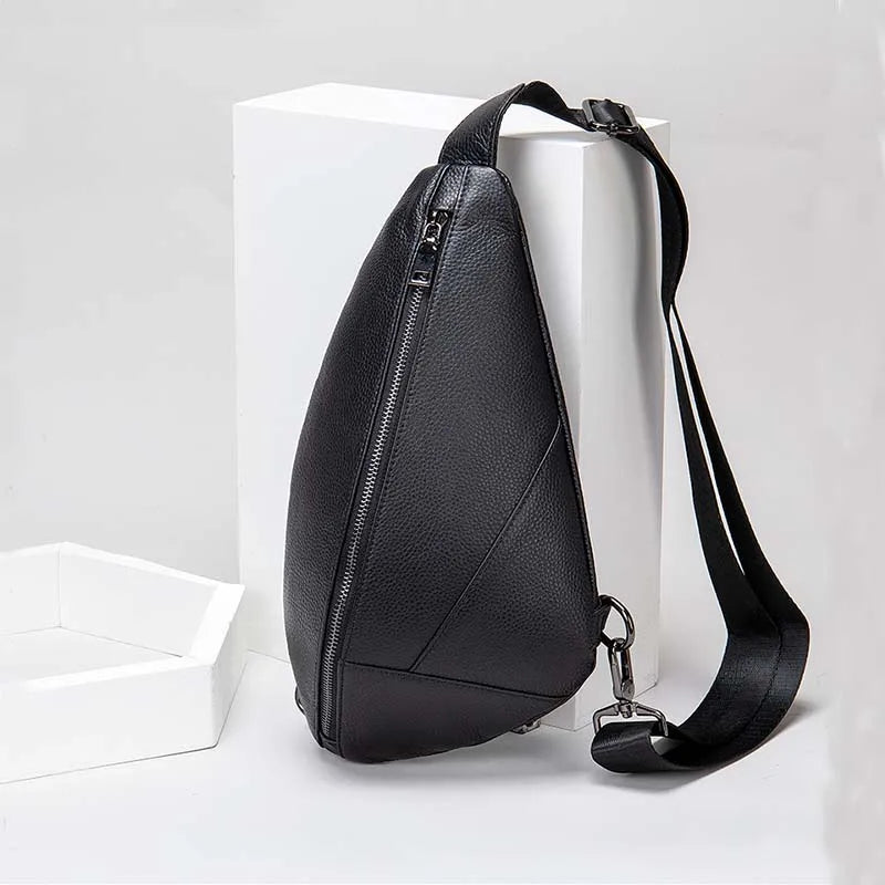 Men's Genuine Leather Zipper Closure Solid Pattern Shoulder Bag