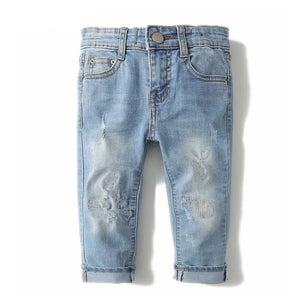 Kid's Cotton Elastic Waist Closure Ripped Pattern Casual Jeans