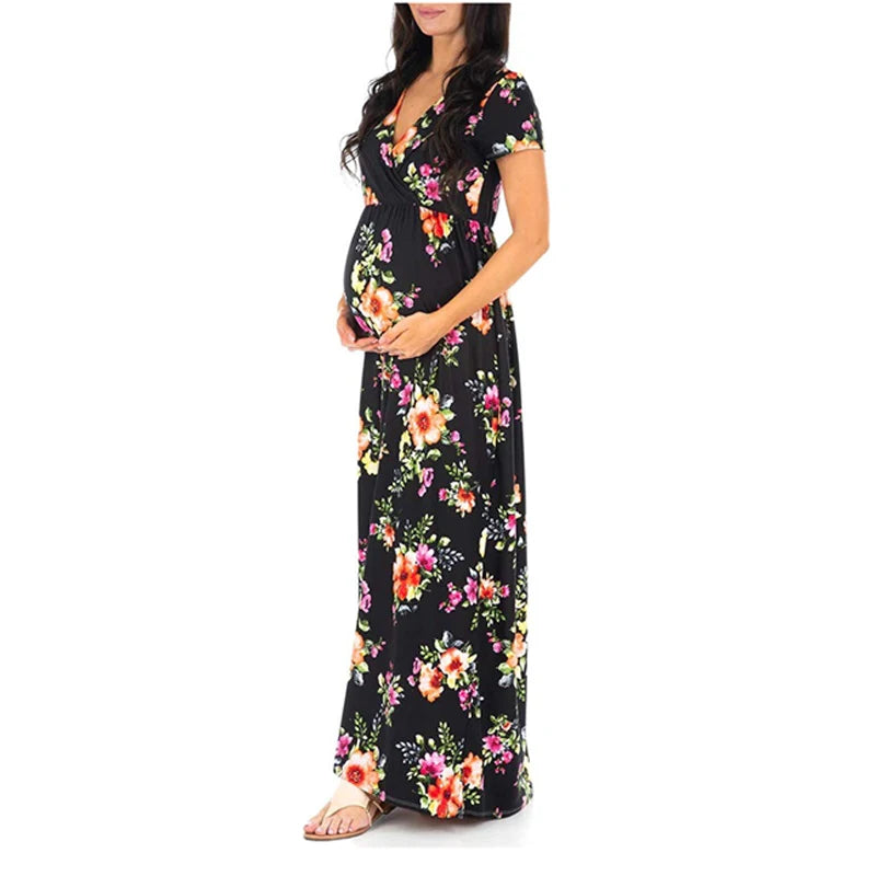 Women’s Polyester V-Neck Short Sleeves Floral Maternity Dress