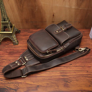 Men's Genuine Leather Zipper Closure Solid Pattern Shoulder Bag