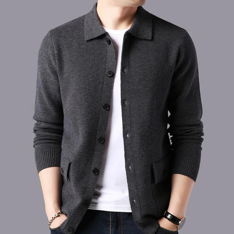 Men's Viscose Turn-Down Collar Long Sleeve Solid Pattern Sweater