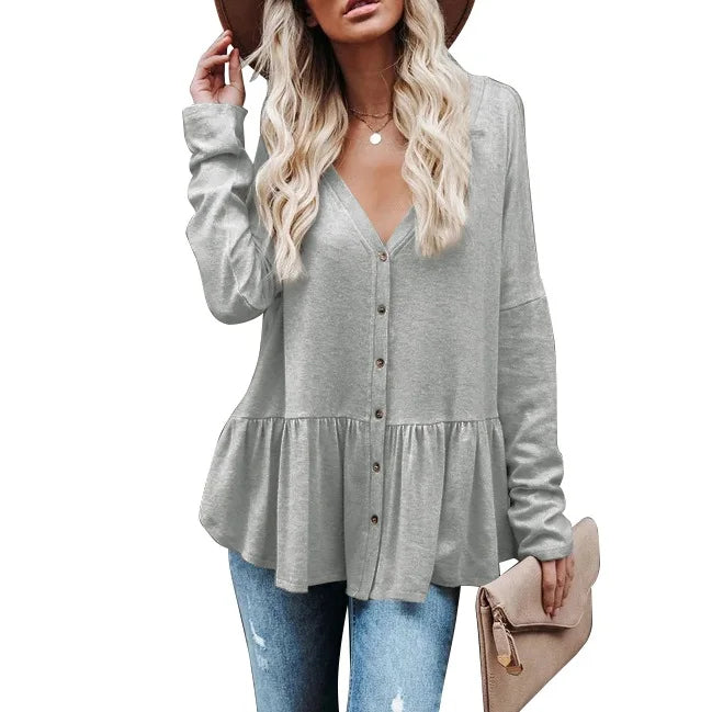 Women's Polyester V-Neck Long Sleeve Solid Pattern Casual Tops