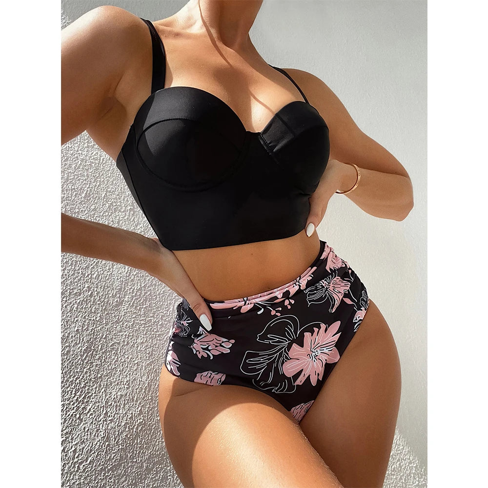 Women's Polyester High Waist Printed Pattern Swimwear Bikini Set