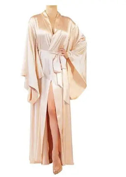 Women's Silk V-Neck Long Sleeves Solid Pattern Sleepwear Dress