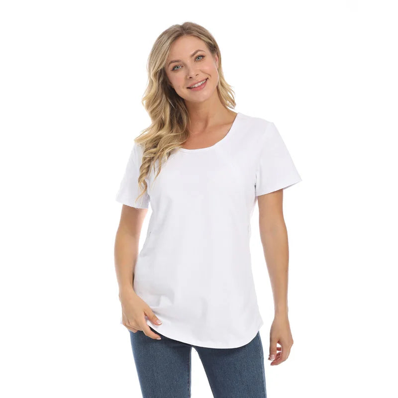 Women’s Cotton O-Neck Short Sleeves Solid Pattern Maternity Top