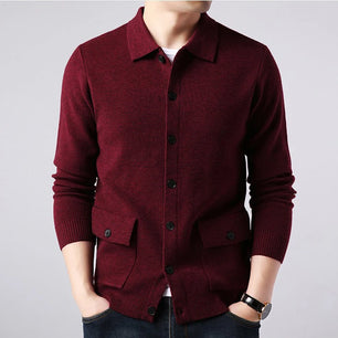 Men's Viscose Turn-Down Collar Long Sleeve Solid Pattern Sweater