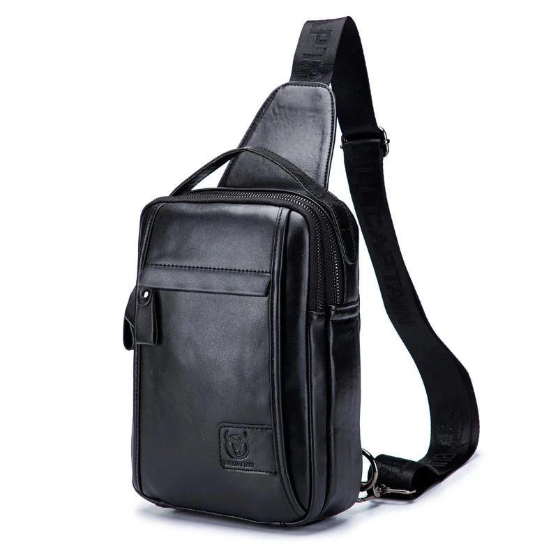 Men's Genuine Leather Zipper Closure Solid Pattern Shoulder Bag