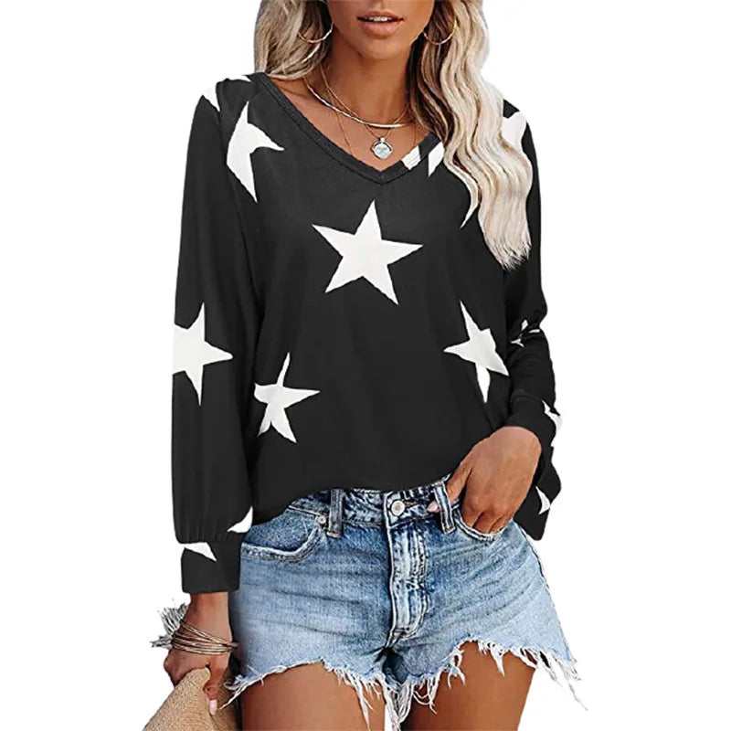 Women's Acrylic V-Neck Long Sleeve Printed Pattern Casual Tops