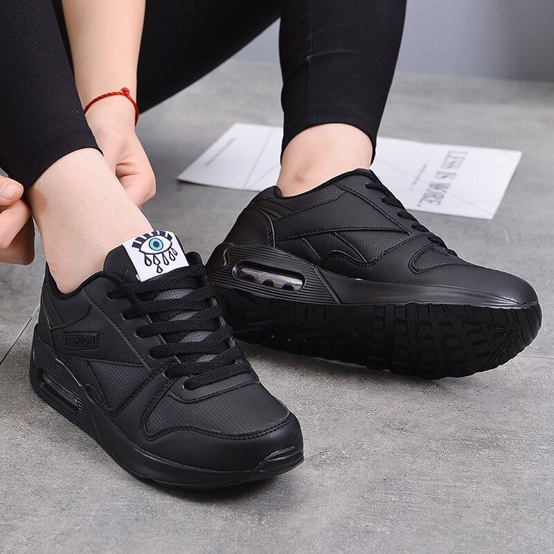 Women's Leather Lace-Up Solid Pattern Walking Running Shoes