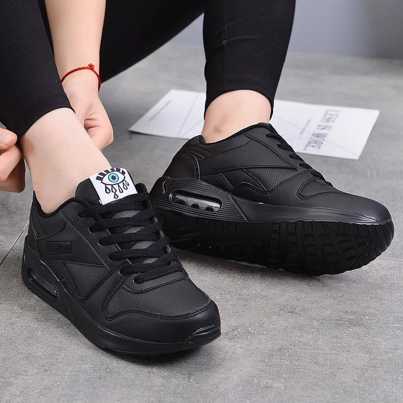 Women's Leather Round Toe Lace-up Closure Sports Wear Sneakers