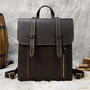 Men's Genuine Leather Solid Pattern Zipper Closure Backpack