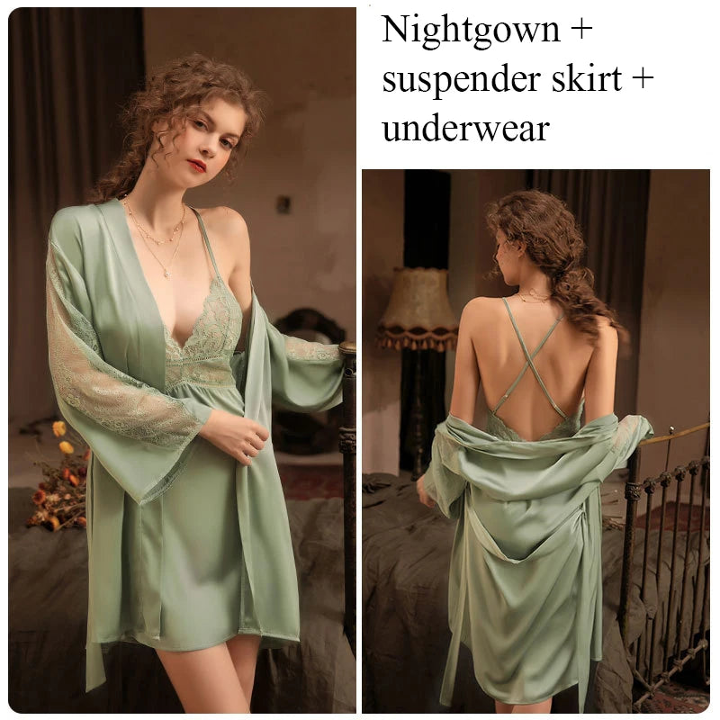 Women's Silk V-Neck Long Sleeve Patchwork Pattern Sleepwear Dress