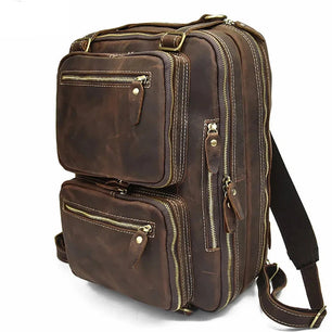 Men's Genuine Leather Solid Pattern Zipper Closure Backpack