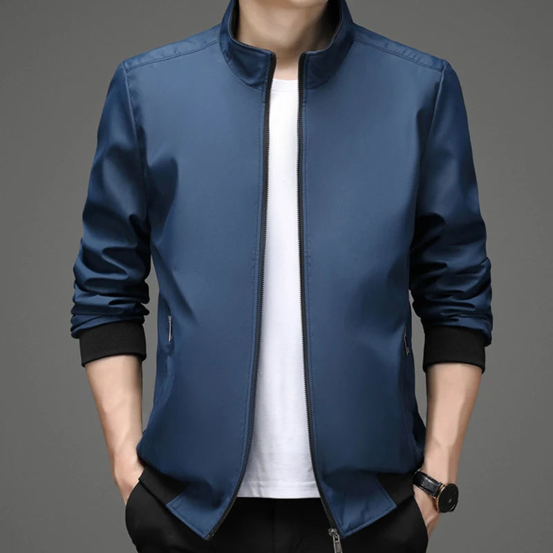 Men's Polyester Stand Collar Long Sleeves Solid Pattern Jacket