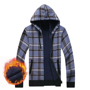 Men's Polyester Full Sleeves Zipper Closure Hooded Plaid Jacket