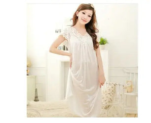 Women's Silk V-Neck Short Sleeves Solid Pattern Sleepwear Dress