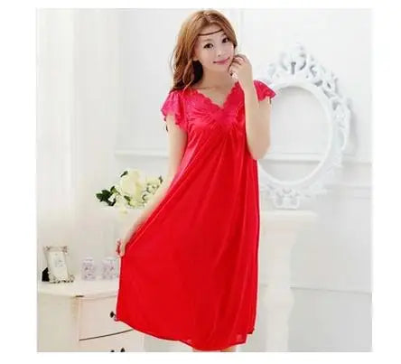 Women's Silk V-Neck Short Sleeves Solid Pattern Sleepwear Dress