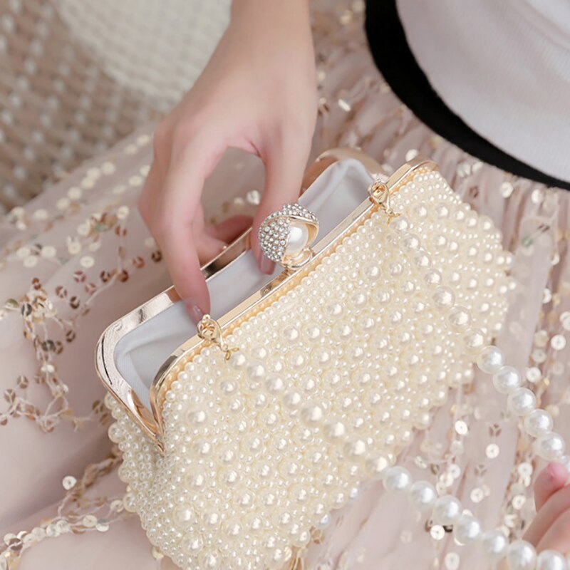 Women's Beaded Hasp Closure Bridal Wedding Luxury Pearl Clutch