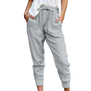 Women's Polyester Drawstring Closure Solid Pattern Casual Trousers