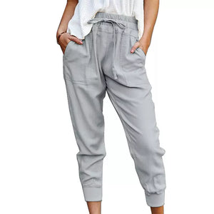 Women's Polyester Mid Waist Drawstring Closure Plain Trousers