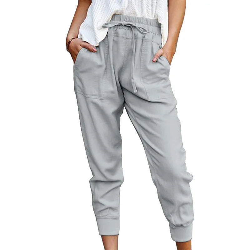 Women's Polyester Mid Waist Drawstring Closure Casual Pants