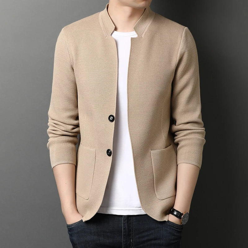 Men's Viscose Stand Collar Long Sleeves Solid Pattern Jacket