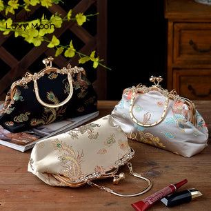 Women's Silk Hasp Closure Embroidery Pattern Vintage Handbag