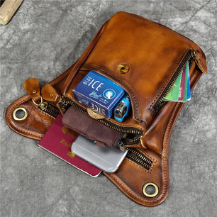 Men's Genuine Leather Solid Pattern Zipper Multifunction Waist Pack