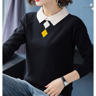 Women's Polyester Turn-Down Collar Full Sleeves Patchwork Sweater