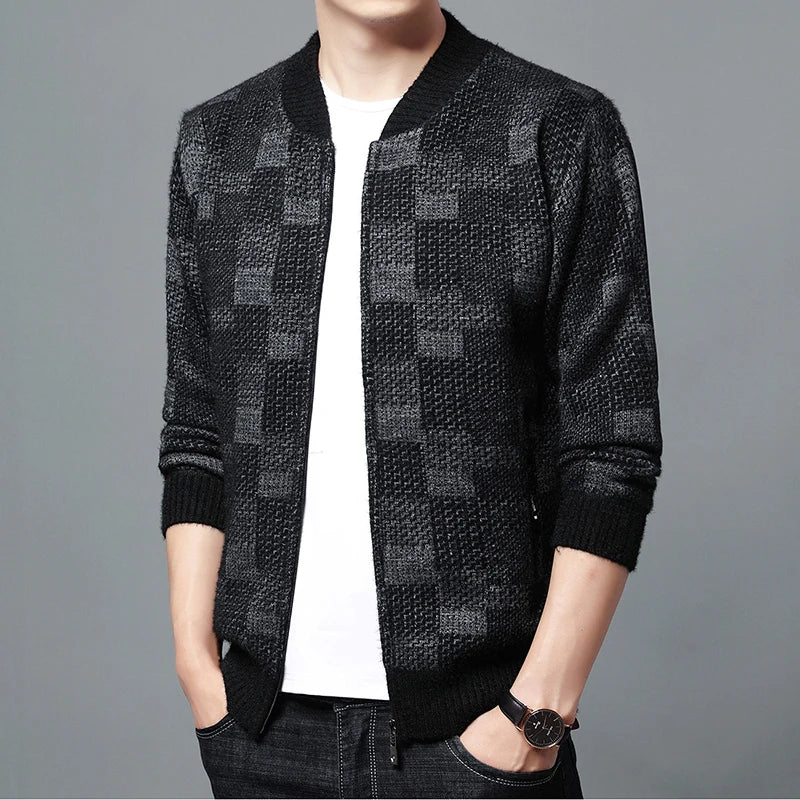 Men's V-Neck Full Sleeves Zipper Closure Plaid Casual Jacket