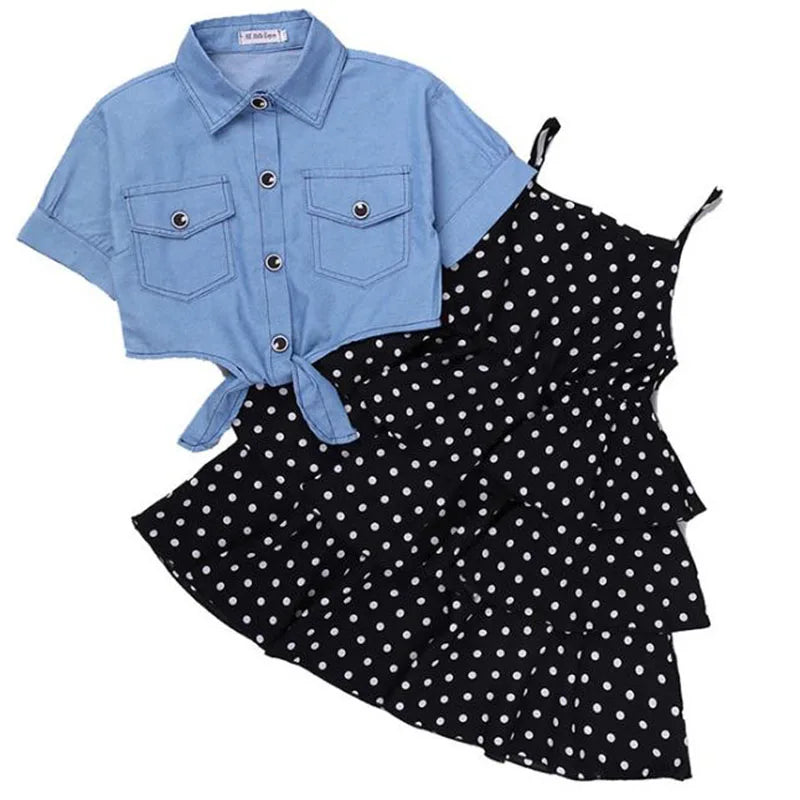 Kid's Cotton Turn-Down Collar Short Sleeve Dotted Pattern Clothes