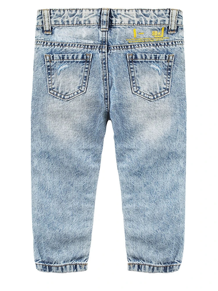 Kid's Cotton Elastic Waist Closure Ripped Denim Casual Jeans