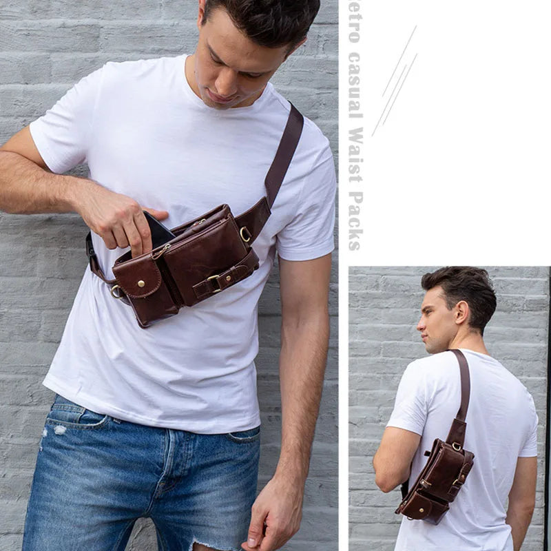 Men's Genuine Leather Solid Pattern Zipper Closure Waist Pack