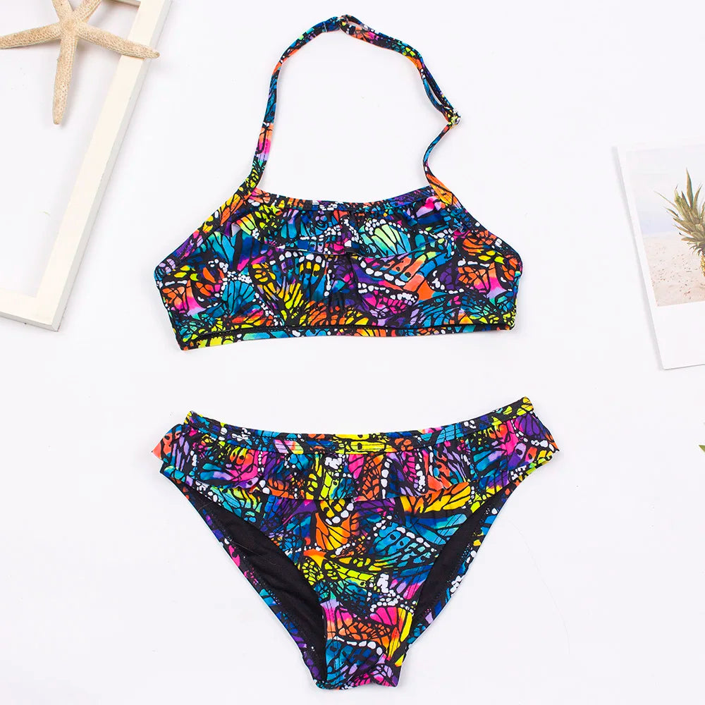 Kid's Girl Nylon Printed Pattern Trendy Swimwear Bikini Set