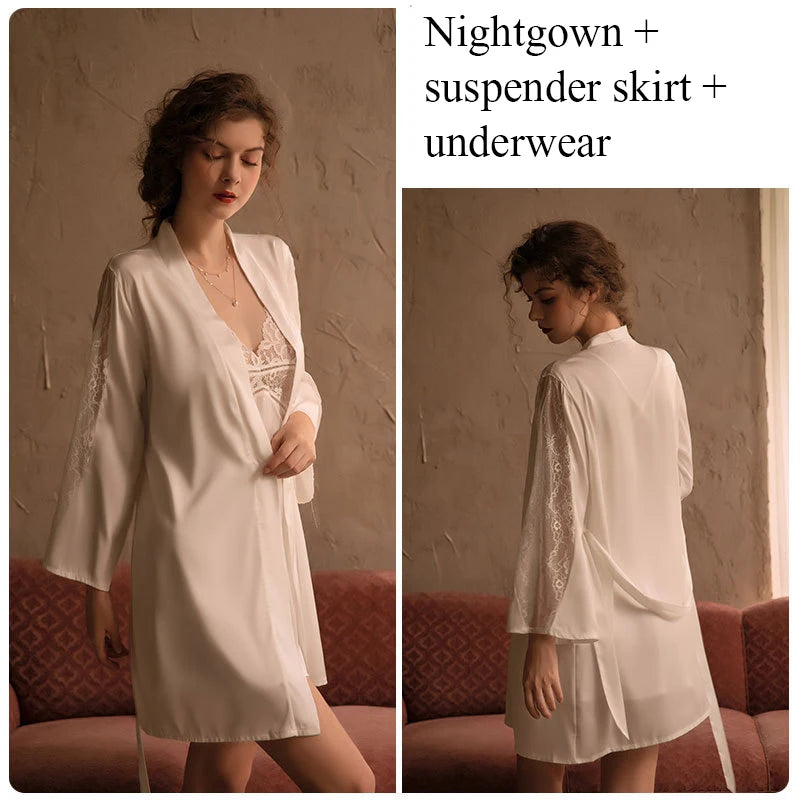 Women's Silk V-Neck Long Sleeve Patchwork Pattern Sleepwear Dress