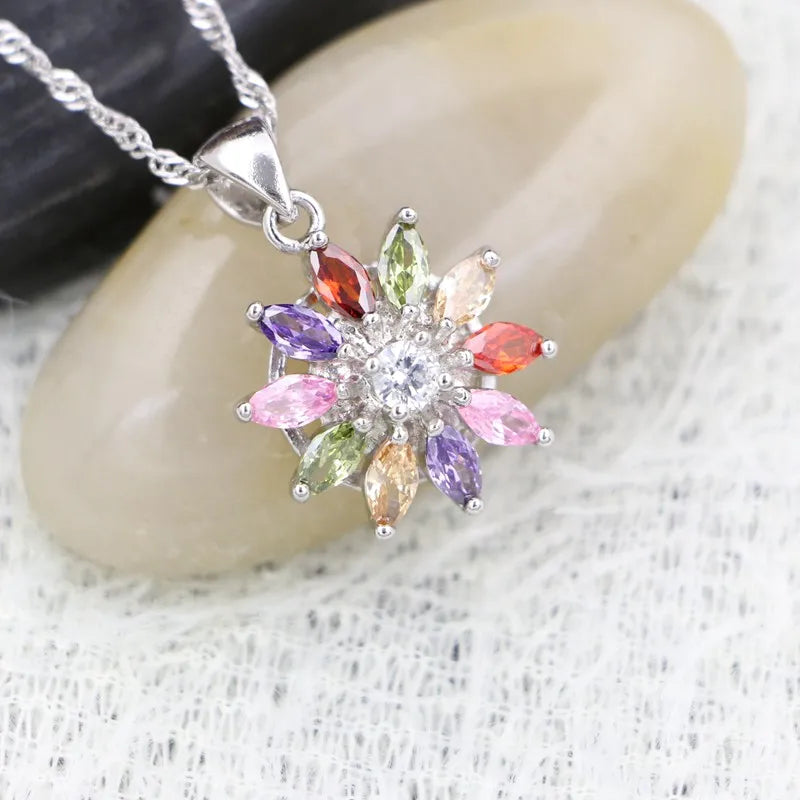 Women's 100% 925 Sterling Silver Zircon Flower Shaped Necklace