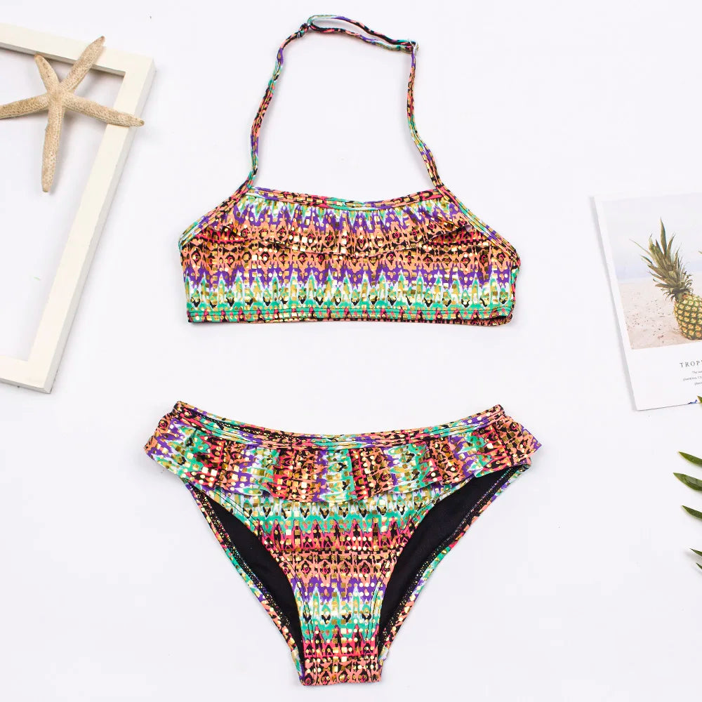 Kid's Girl Nylon Square-Neck Printed Pattern Swimwear Bikini Set