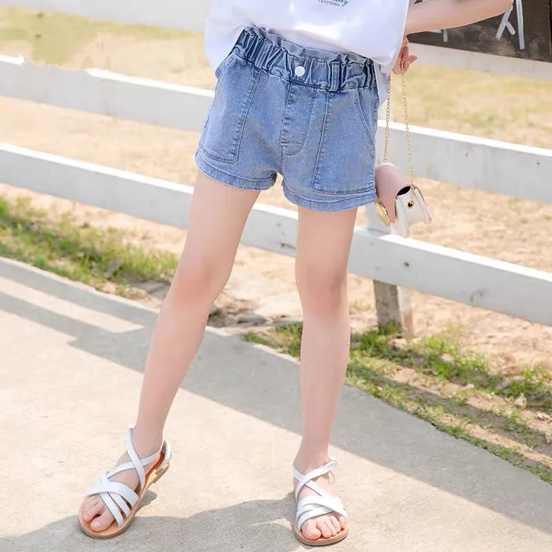 Kid's Cotton Mid Waist Elastic Closure Casual Wear Denim Shorts