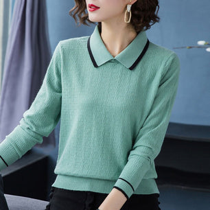 Women's Cotton Turn-Down Collar Full Sleeve Plain Pattern Sweater