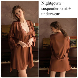 Women's Silk V-Neck Long Sleeve Patchwork Pattern Sleepwear Dress