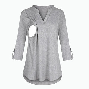 Women's Polyester V-Neck Long Sleeve Breastfeeding Maternity Top