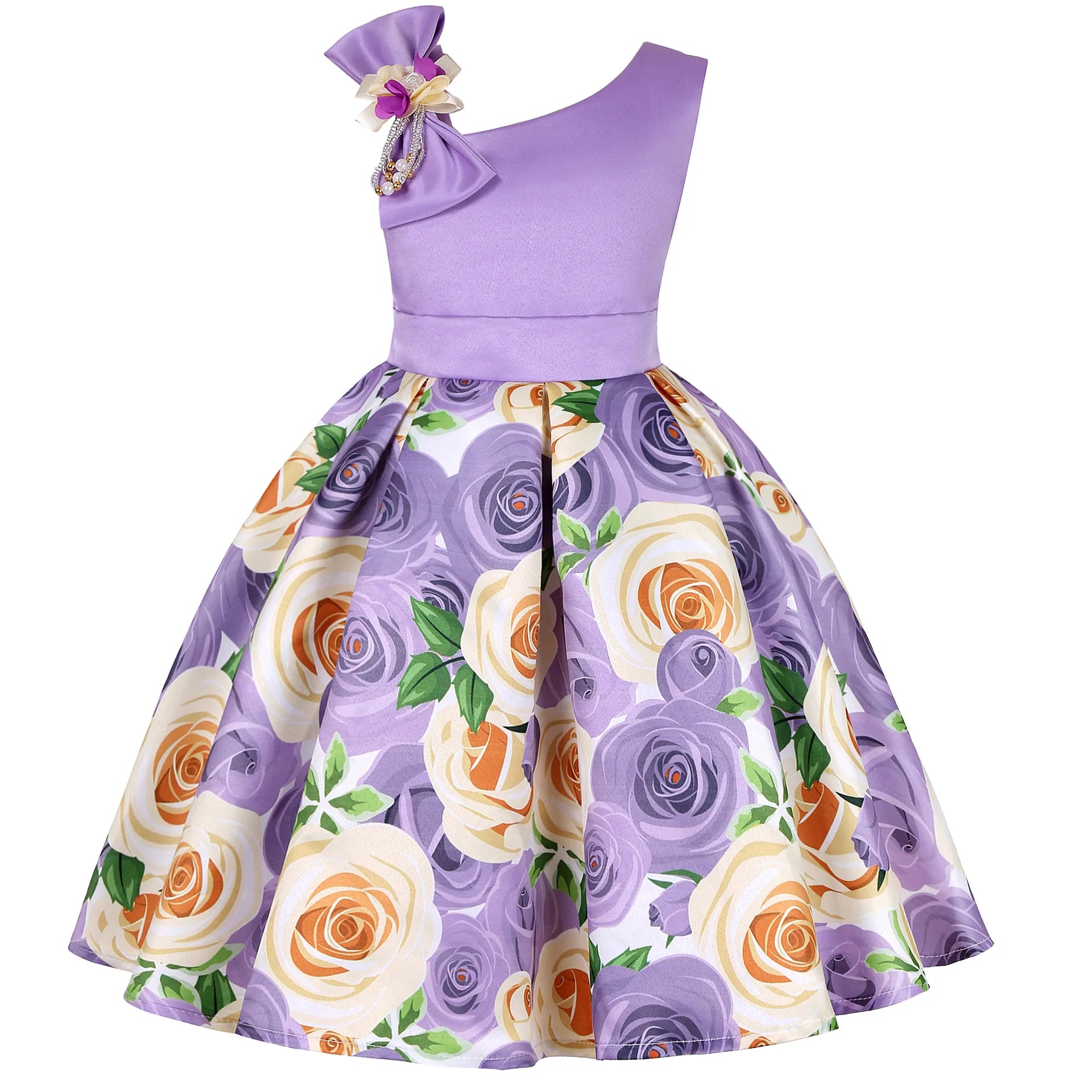 Kid's Cotton Diagonal-Neck Sleeveless Floral Pattern Clothes