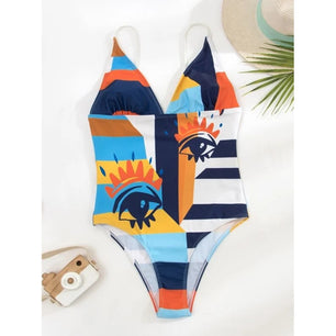 Women's Spandex V-Neck Printed Pattern Vintage One Piece Swimsuit