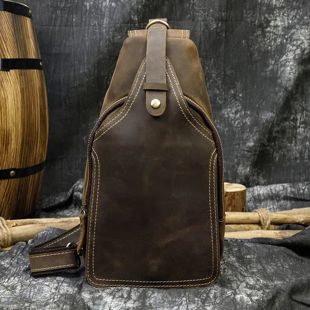 Men's Genuine Leather Zipper Closure Solid Pattern Shoulder Bag