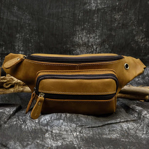 Men's Genuine Leather Solid Pattern Zipper Closure Waist Pack