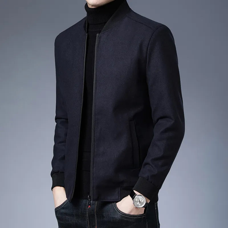 Men's Stand Collar Polyester Full Sleeves Zipper Closure Jacket